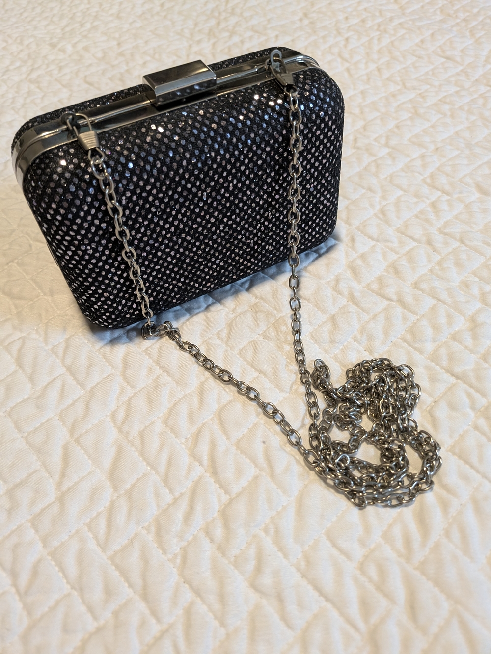 Shimmery Black Evening Clutch with Silver Chain